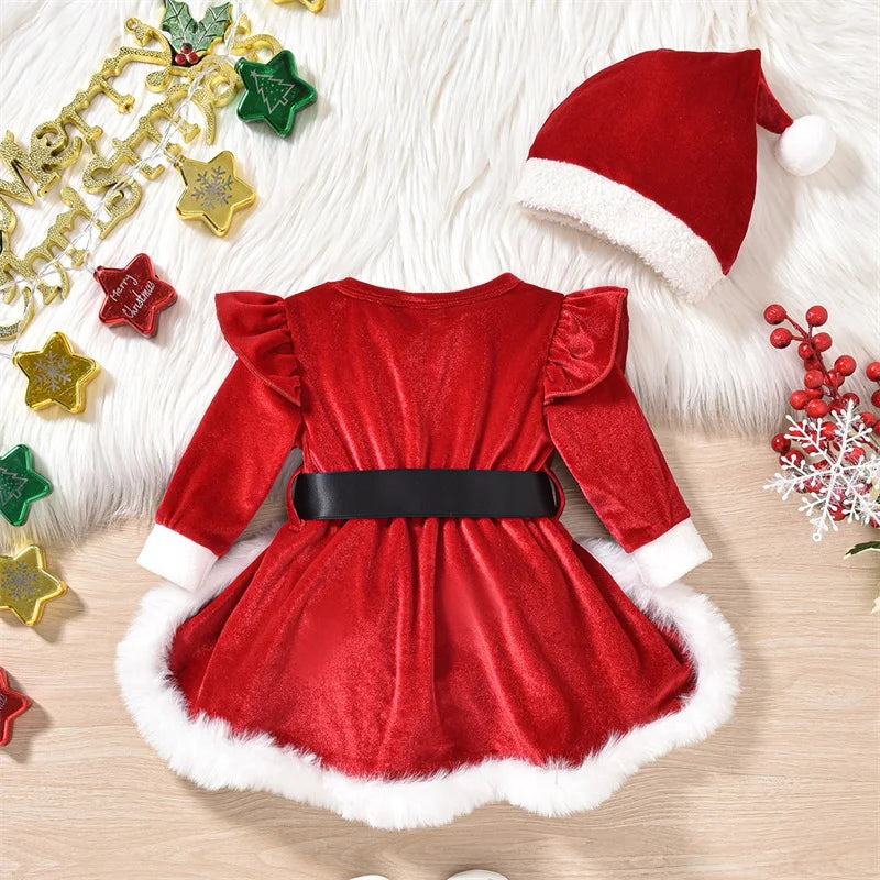 Christmas Party Baby Girls Clothes Cute Princess Velvet Newborn Romper Dress Winter Long Sleeve Santa Jumpsuit Hat Infant Outfit