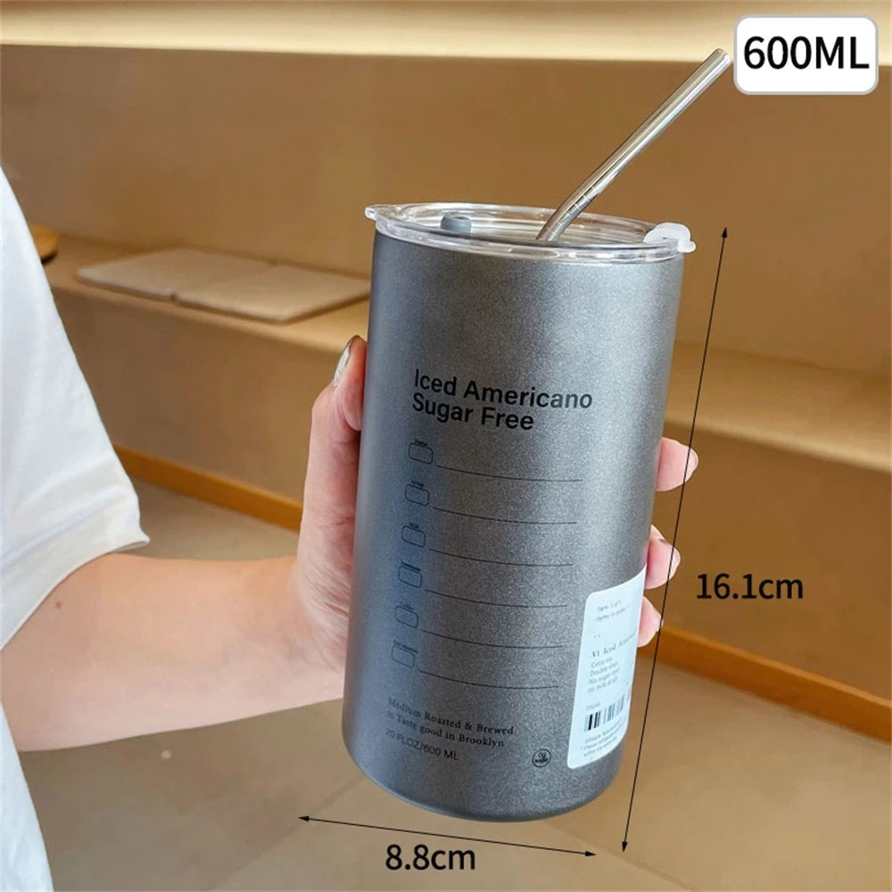 600ml Thermos Portable Stainless Steel Coffee Cup Thermos Bottle with Straw Insulation Drinkware Does Not Contain BPA