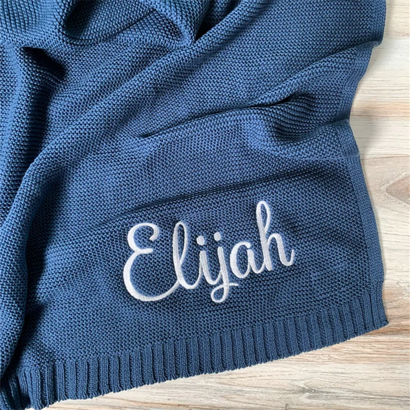 Personalized Kid Name Baby Blanket Embroidered Newborn Stroller Swaddle Breathable Cotton Knitted Bedding