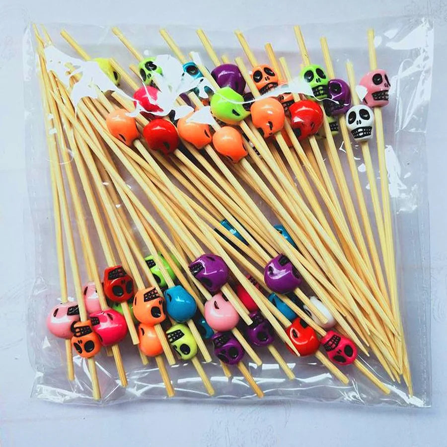 100pcs Halloween Disposable Bamboo Skewers Pumpkin Ghost Fruit Fork Buffet Dessert Cocktail Bamboo Stick Halloween Decoration