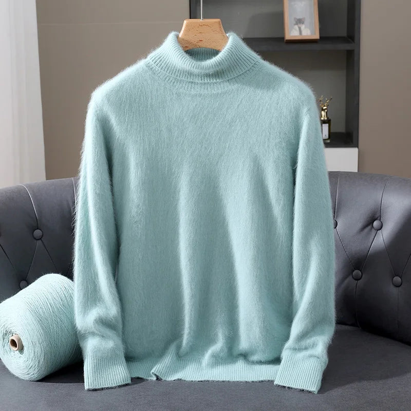 Autumn Winter Men's High Neck Pullover Knitted Sweater 100% Mink Cashmere Long Sleeved Loose Business Casual Warm Top New Styles