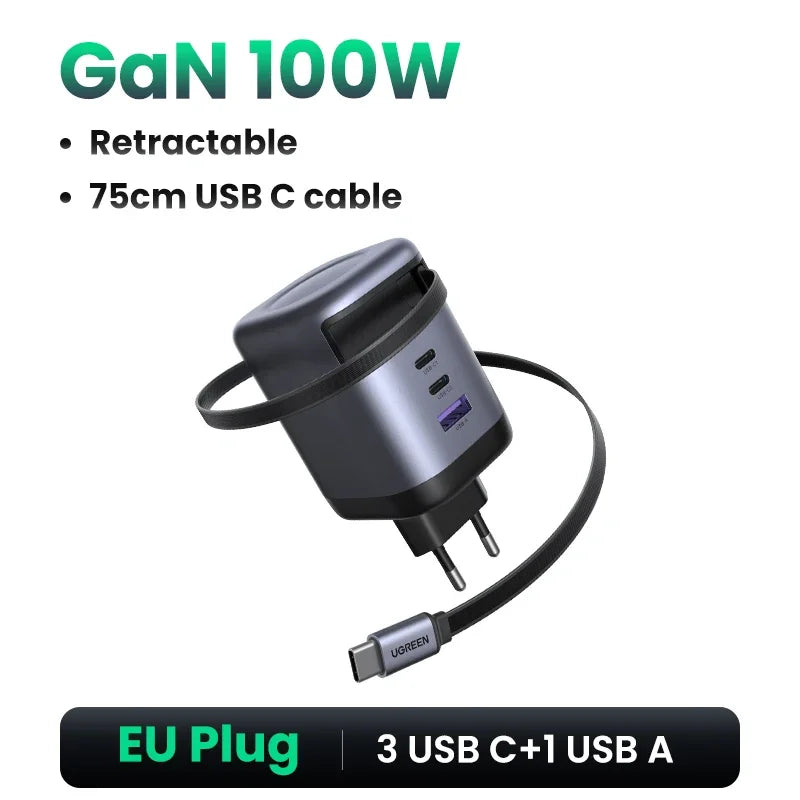 UGREEN 65W GaN Charger With Retractable USB C Cable For iPhone 17 16 Pro Samsung Xiaomi Laptop Macbook Tablet PD Fast Charger