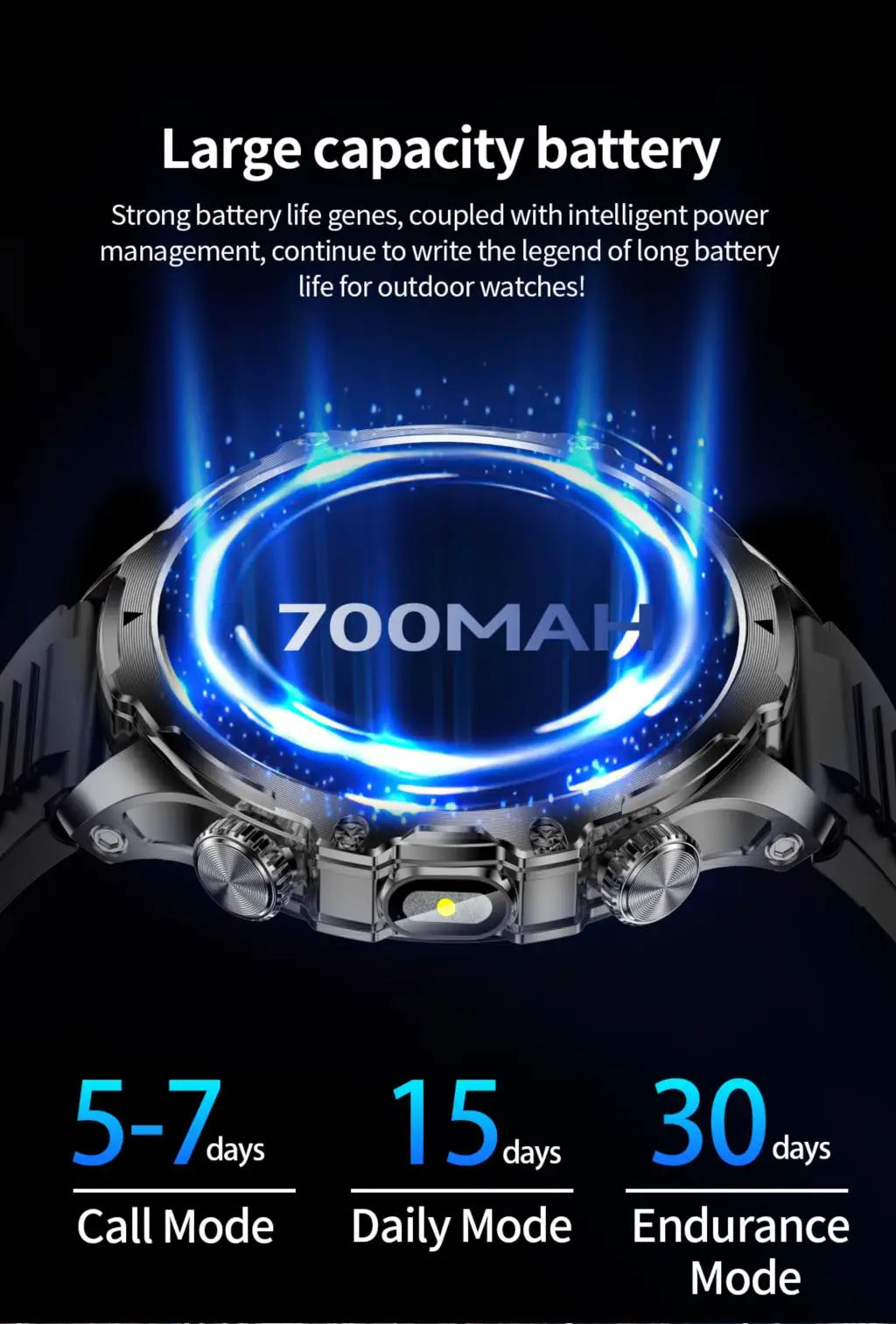 AK75 Smart Watch Flashlight 1.9inch Men Outdoors Sports Fitness Tracker 700mah Large Battery BT Calling LED Light Smartwatch