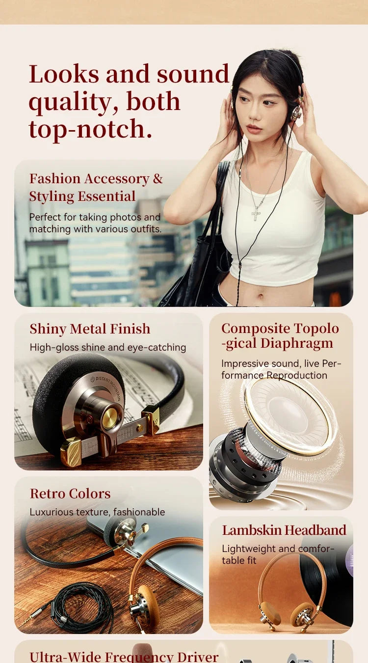 ROSESELSA Distant Mountain Retro Over Ear HiFi Headsets OOTD Vintage Metal Wired Headphones with MMCX 3.5mm Plug