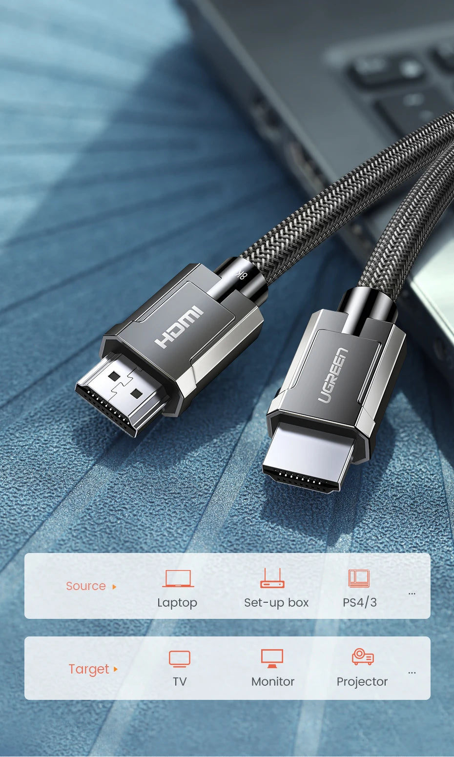 UGREEN HDMI 2.1 Cable 8K 60Hz 48Gbps Earc Ultra High-Speed HDMI-Compatible Cable for Xiaomi TV Box Laptop Projector PS4 PS5