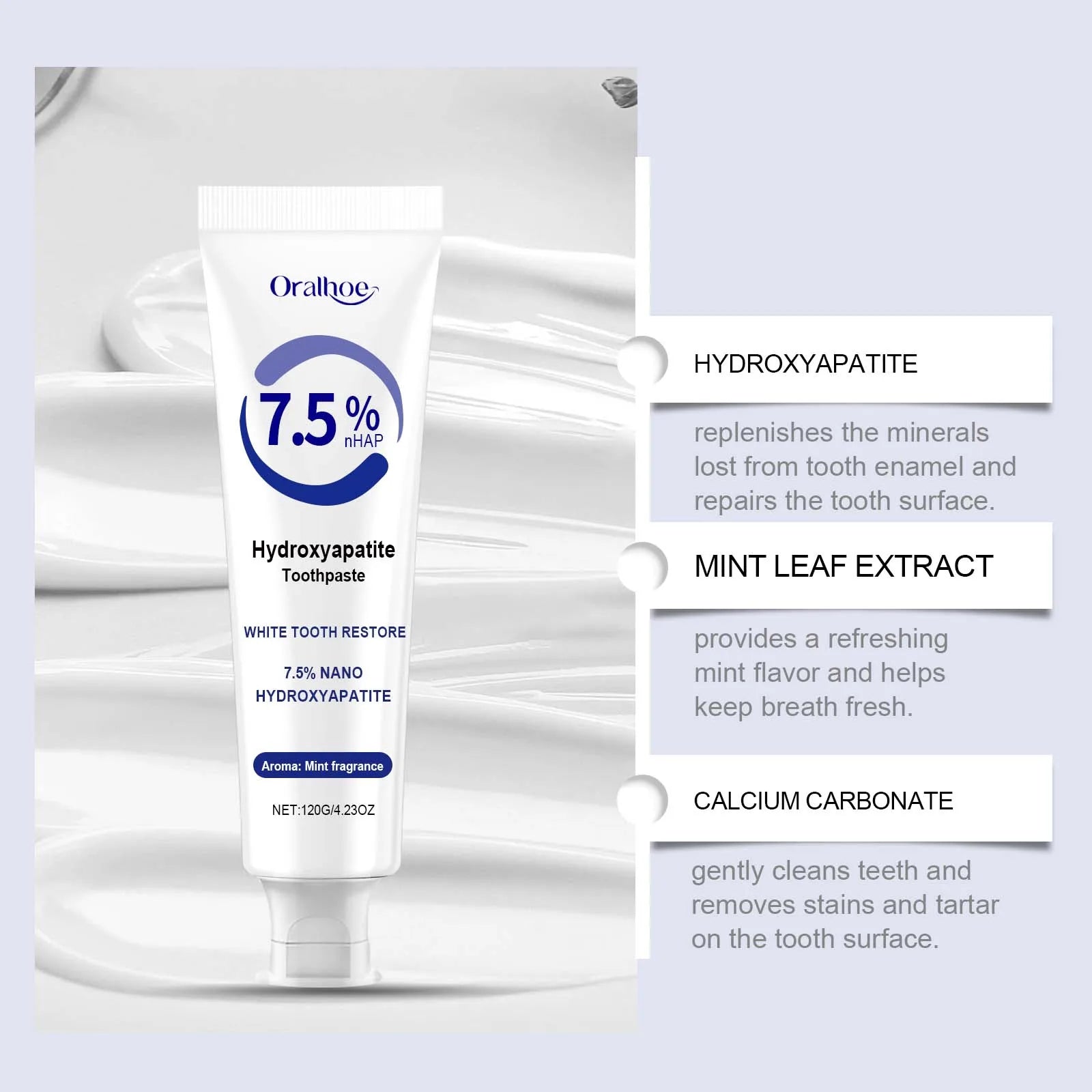 7.5% Hydroxyapatite Toothpaste for Enamel Protection with Gentle Mint, for Sensitive Teeth and Long-Lasting Fresh Breath