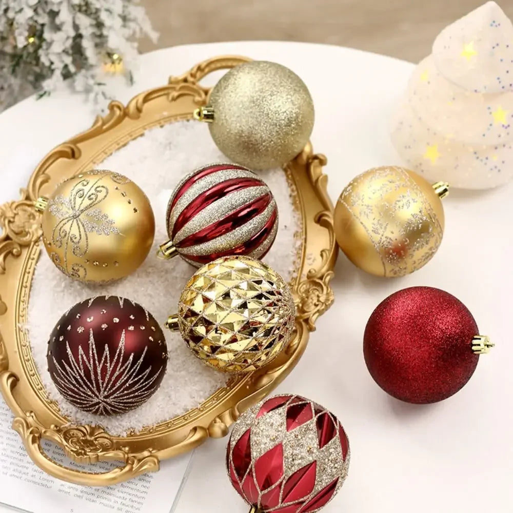 16 Pcs 8cm Painted Christmas Balls Set Cartoon Red Black Gold Electroplated Christmas Hanging Balls DIY Plastic