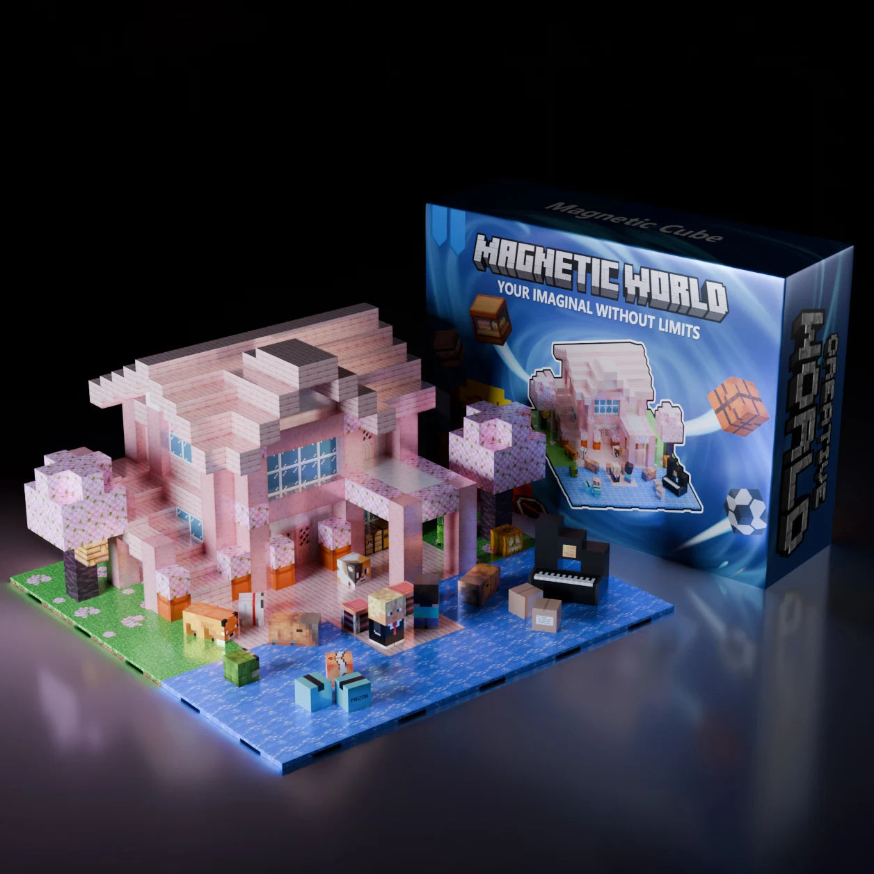 Magnetic Building Blocks Mine World Magnet Cube Set for Boy Girl Kid Age 3+ DIY Pixel style Model Base plate STEM Toy Baseplate