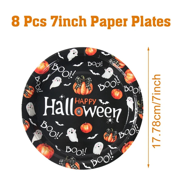 Halloween Disposable Tableware Pumpkin Ghost Boo Paper Plates Cups Napkins Kids Favor Happy Halloween Decoration Trick or Treat