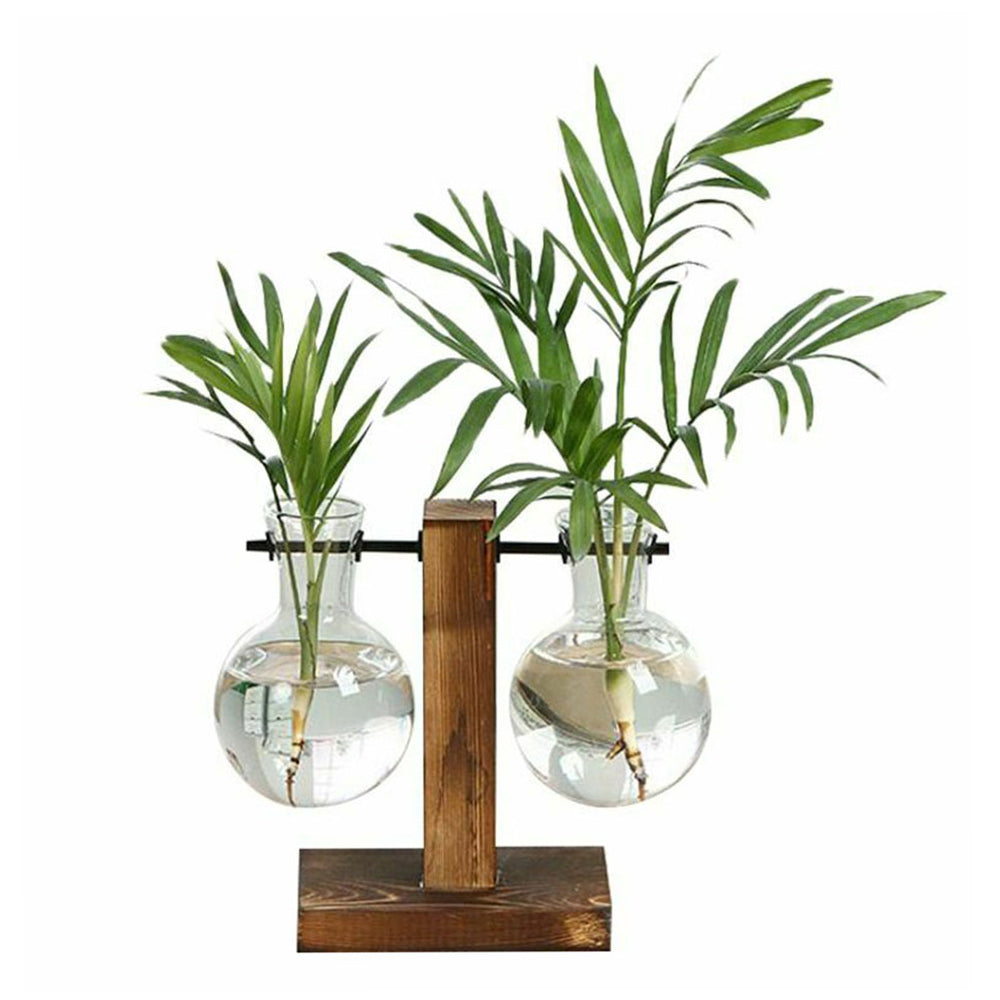 Creative Glass Desktop Planter Bulb Vase Wooden Stand Hydroponic Plant Container Home Tabletop Decor Vases