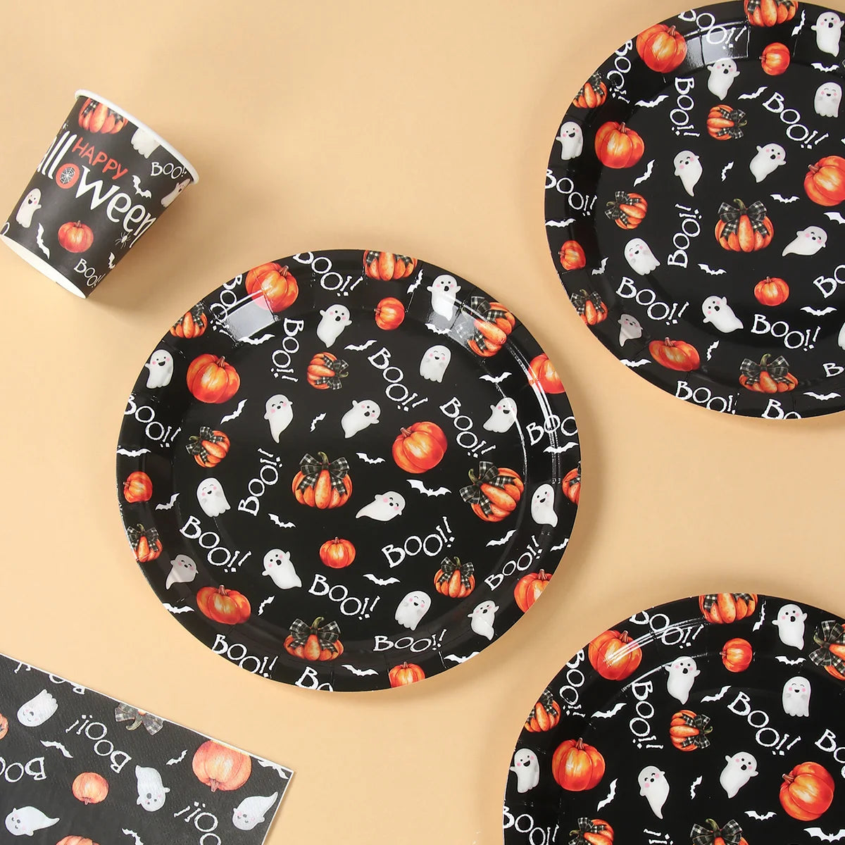 Halloween Disposable Tableware Pumpkin Ghost Boo Paper Plates Cups Napkins Kids Favor Happy Halloween Decoration Trick or Treat