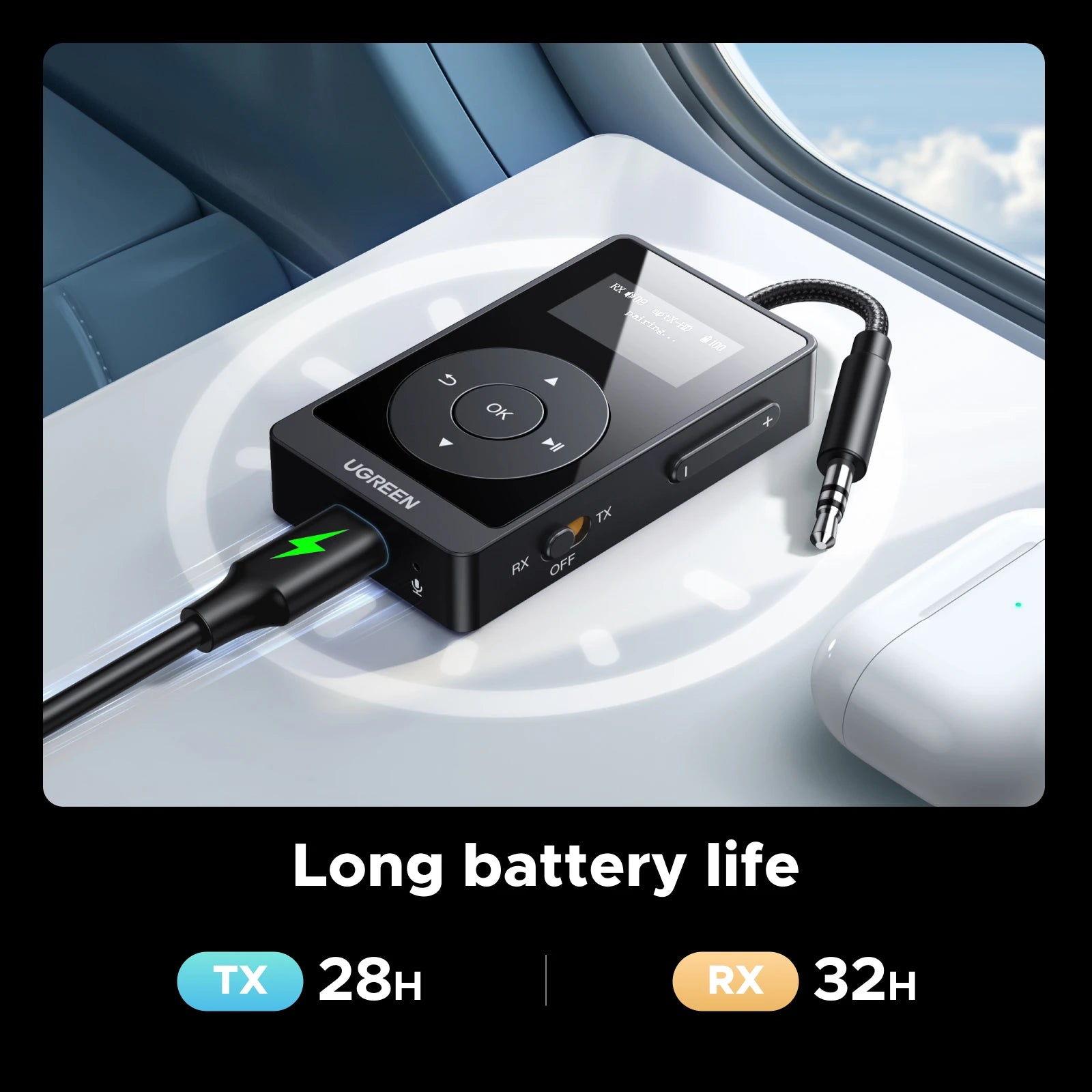 UGREEN aptX HD Airplane Bluetooth 5.3 Receiver Transmitter for All Headphones Wireless Audio Aux Bluetooth Adapter for TV Flying