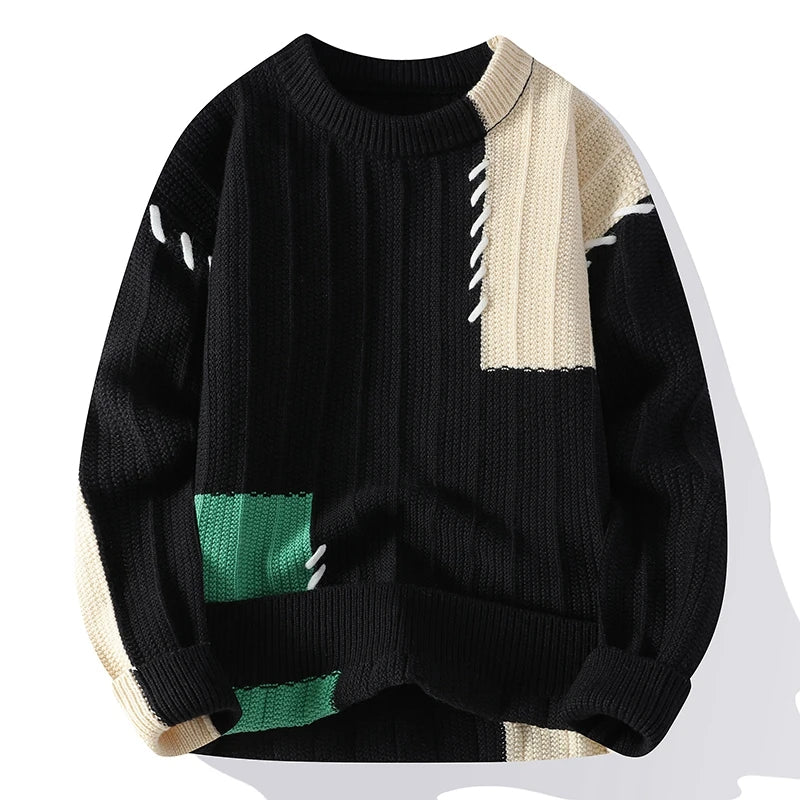 Autumn Winter Fashion Patchwork Knitted Sweater Men Youthful Vitality O-Neck Knit Pullovers Mens Loose Streetwear Warm Sweaters