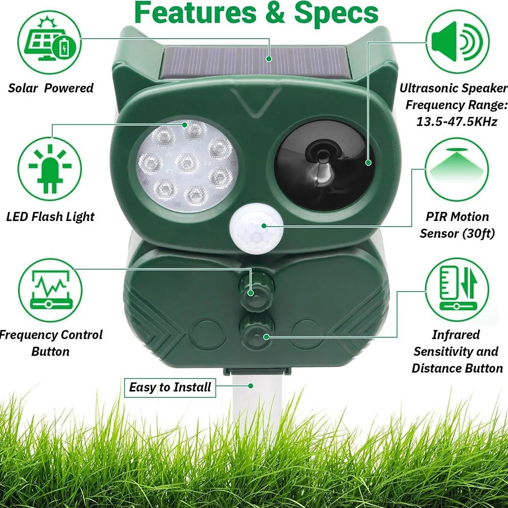 Solar Powered Ultrasonic Animal Repeller - Sonar Deterrent for Dogs, Cats, Birds