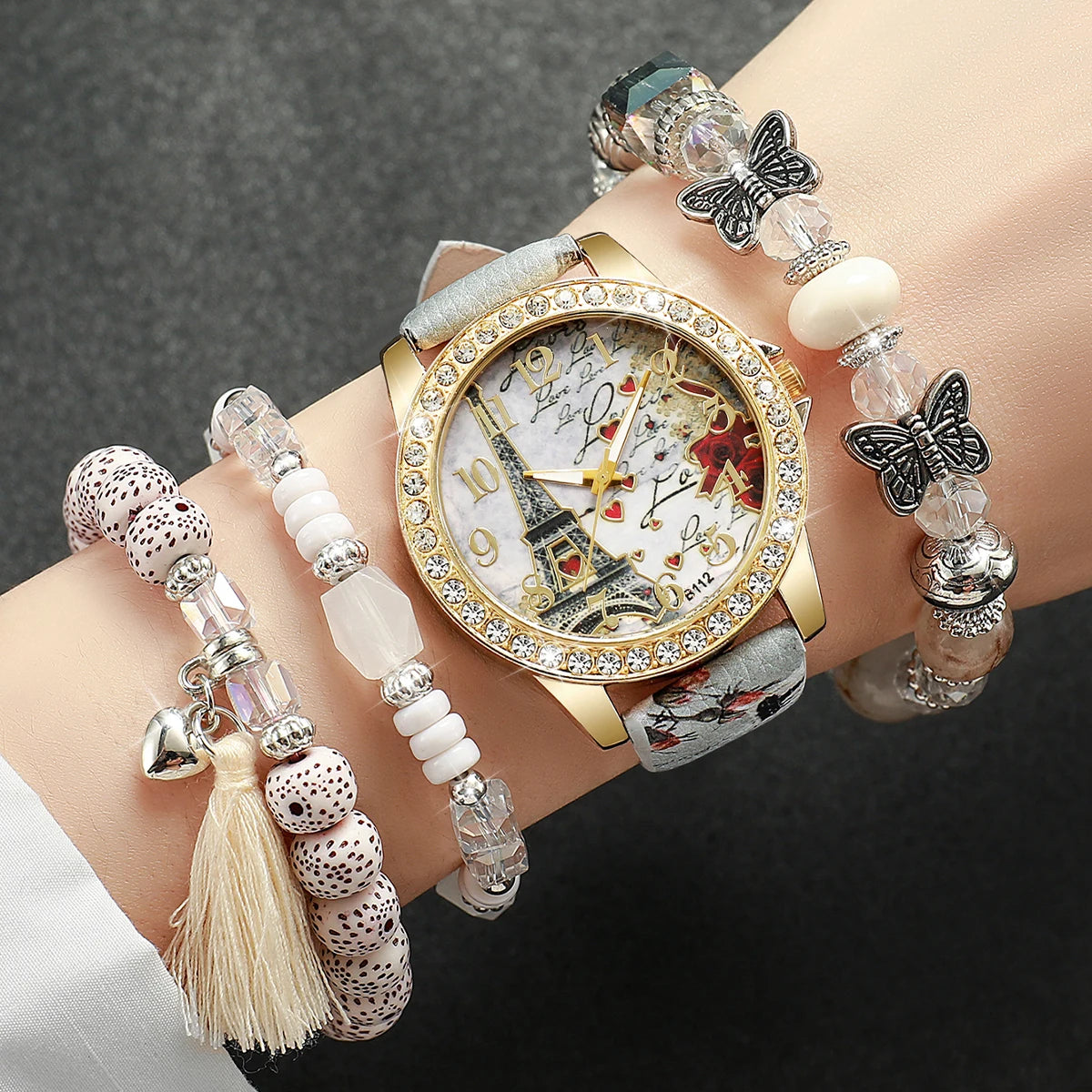 3/4/5PCS Fashion Rhinestone Women's Watch Flowers Printed Leather Band Female Quartz Watches Bracelets Set（Without Box）