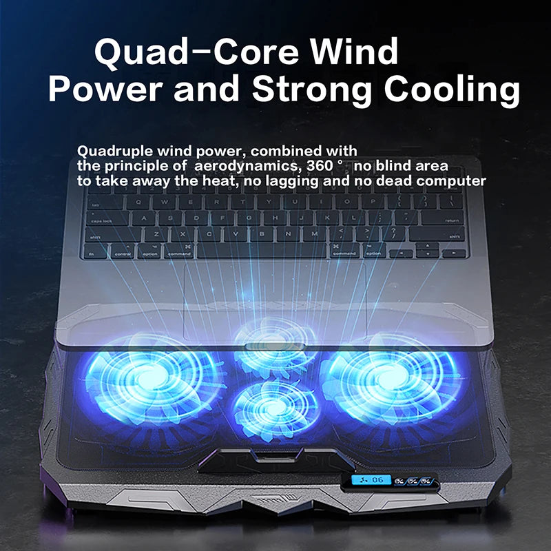 Laptop Cooling Stand for 17 Inch Notebook with 5 Height and 6 Wind Speed Adjustments, 4 Fans, LCD Display, and 2 USB Ports