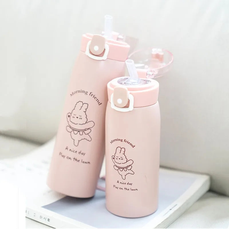 350ml/500ml Cartoon Stainless Steel Thermal Flask With Straw Portable Kids Cute Thermal Water Bottle