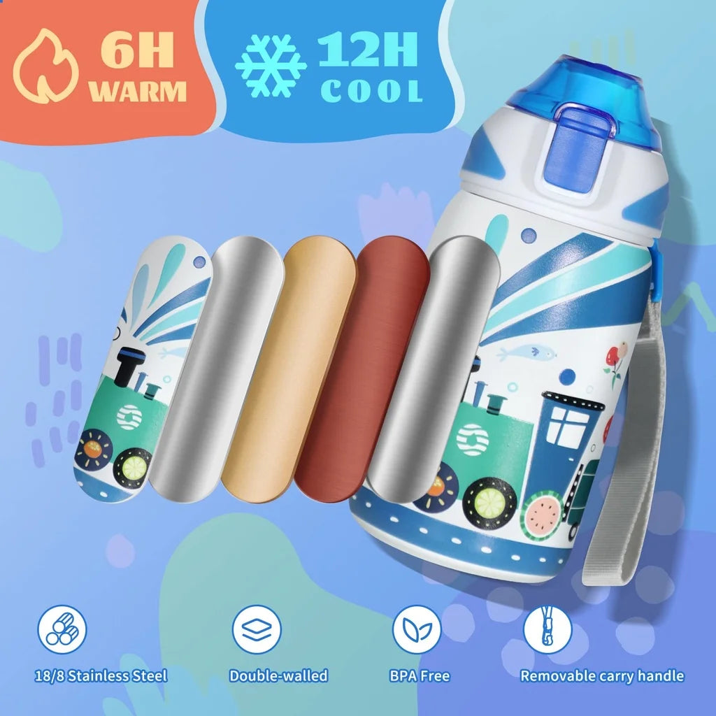 Fjbottle Kids Water Bottle Stainless Steel 400ml,1-Click Opening, BPA-Free Leak-proof Thermos Bottle, Cartoon Water bottle