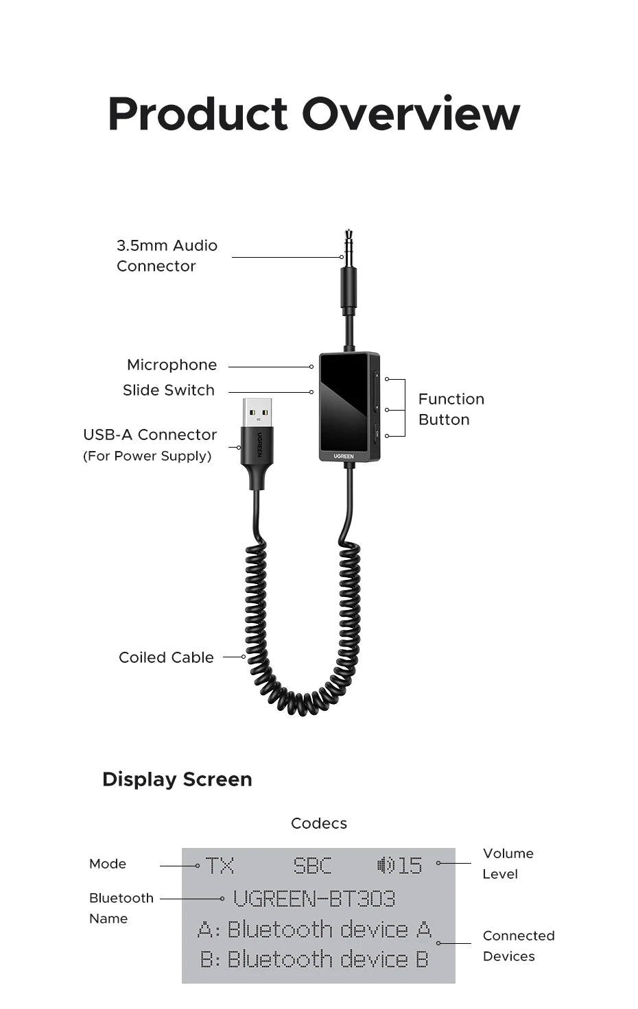 【 RU】UGREEN Bluetooth5.4  3.5mm Jack Audio OLED Display for Home Stereo Car