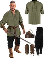 Retro Vintage Medieval Renaissance Pants Outfits Waist Belt Shirt Arm Guards Pirate Men's Cosplay Costume Halloween