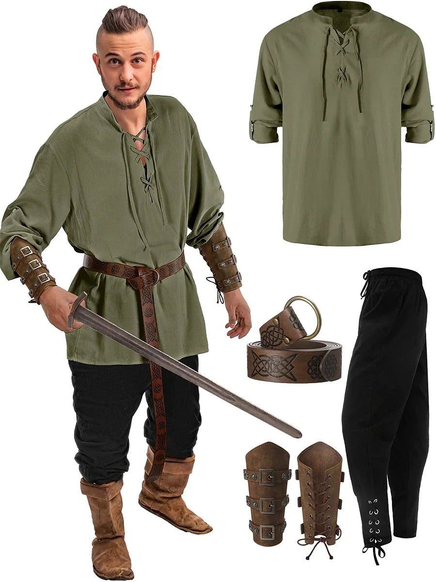 Retro Vintage Medieval Renaissance Pants Outfits Waist Belt Shirt Arm Guards Pirate Men's Cosplay Costume Halloween