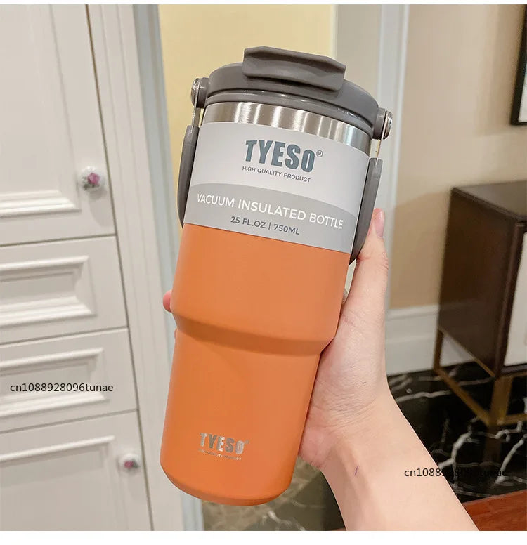 Tyeso 600/750/900ML Car Coffee Cup Thermo Bottle with Straw Portable Sport Insulated Vacuum Flask Travel Thermal Water Bottle