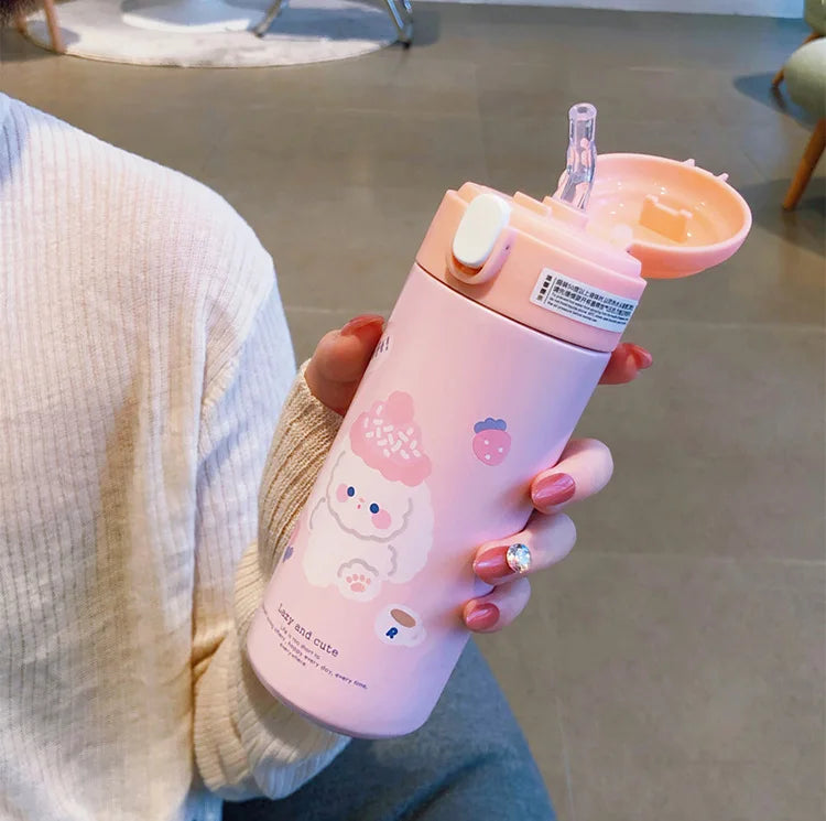 380ML Thermos Vacuum Flask Cute Cartoon 304 Stainless Steel Thermal Water Bottle Insulated Straw Cups Tumbler Drinkware