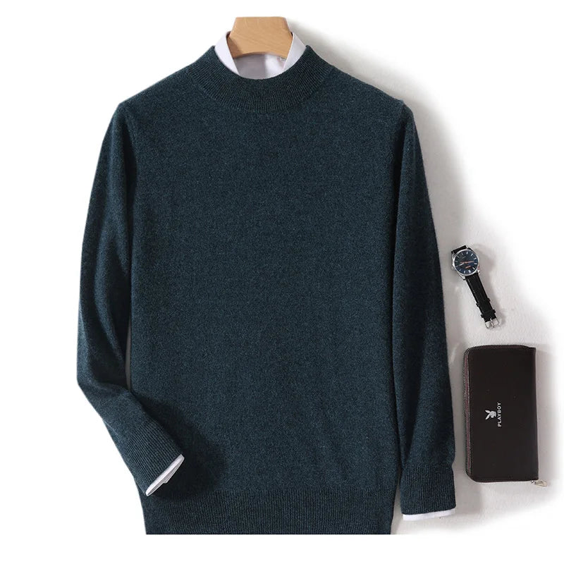 100% Pure Wool Sweater For Men, Half High Neck Knitted Pullover, Long Sleeved Casual Autumn Winter Thick High-End Sweater Warmth