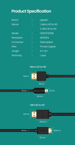 UGREEN Micro HDMI-Compatible 4K/60Hz 3D Effect Micro HD to HD Cable Male to Male For GoPro Sony Projector HDMI-Compatible Micro