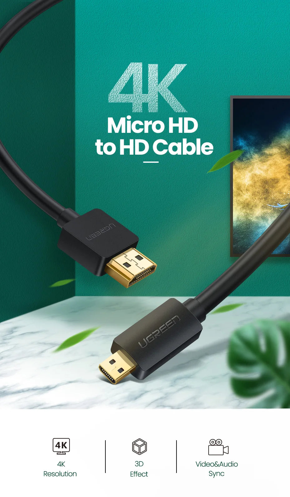 UGREEN Micro HDMI-Compatible 4K/60Hz 3D Effect Micro HD to HD Cable Male to Male For GoPro Sony Projector HDMI-Compatible Micro